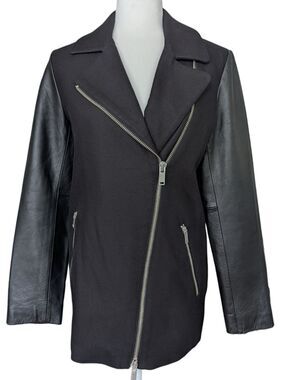 GAP Womens Black Asymmetric Mixed Media Cow Leather Sleeve Moto Jacket Medium